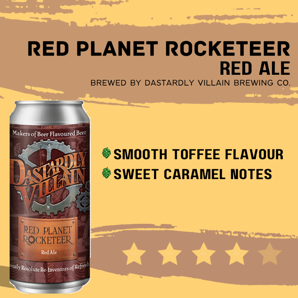 A graphic featuring a can of Dastardly Villain's Red Planet Rocketeer Red Ale, rated 5 stars.